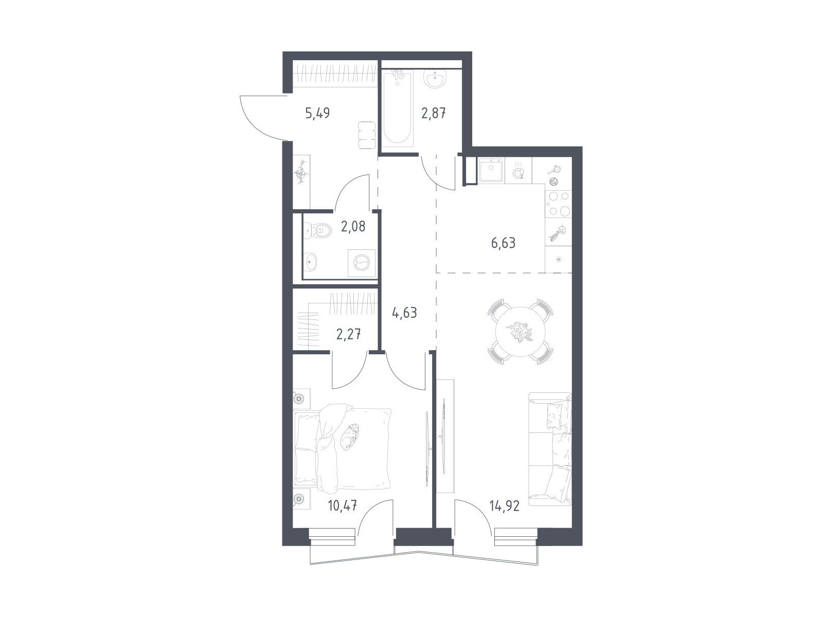 Планировка: 1-комн. квартира 48.50 м² в новостройке ЖК Квартал Авиаторов