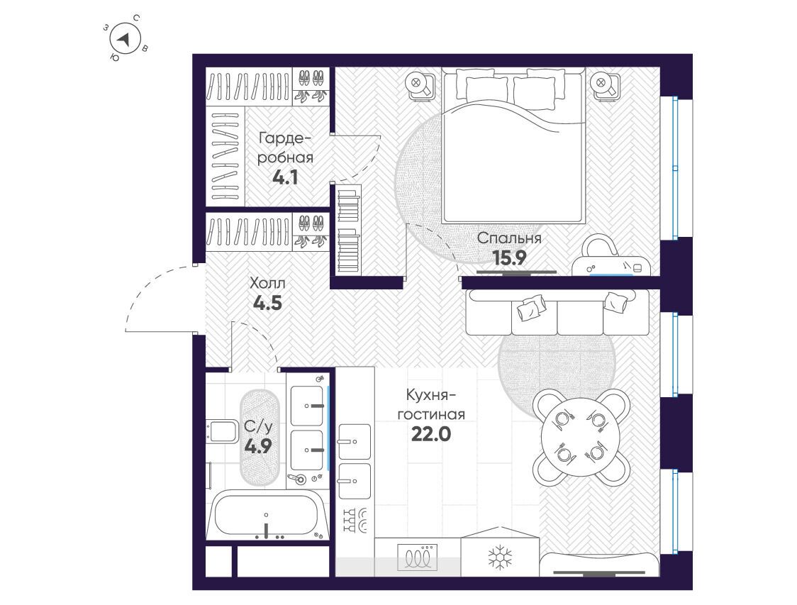 Планировка: 1-комн. квартира 51.40 м² в новостройке ЛДМ