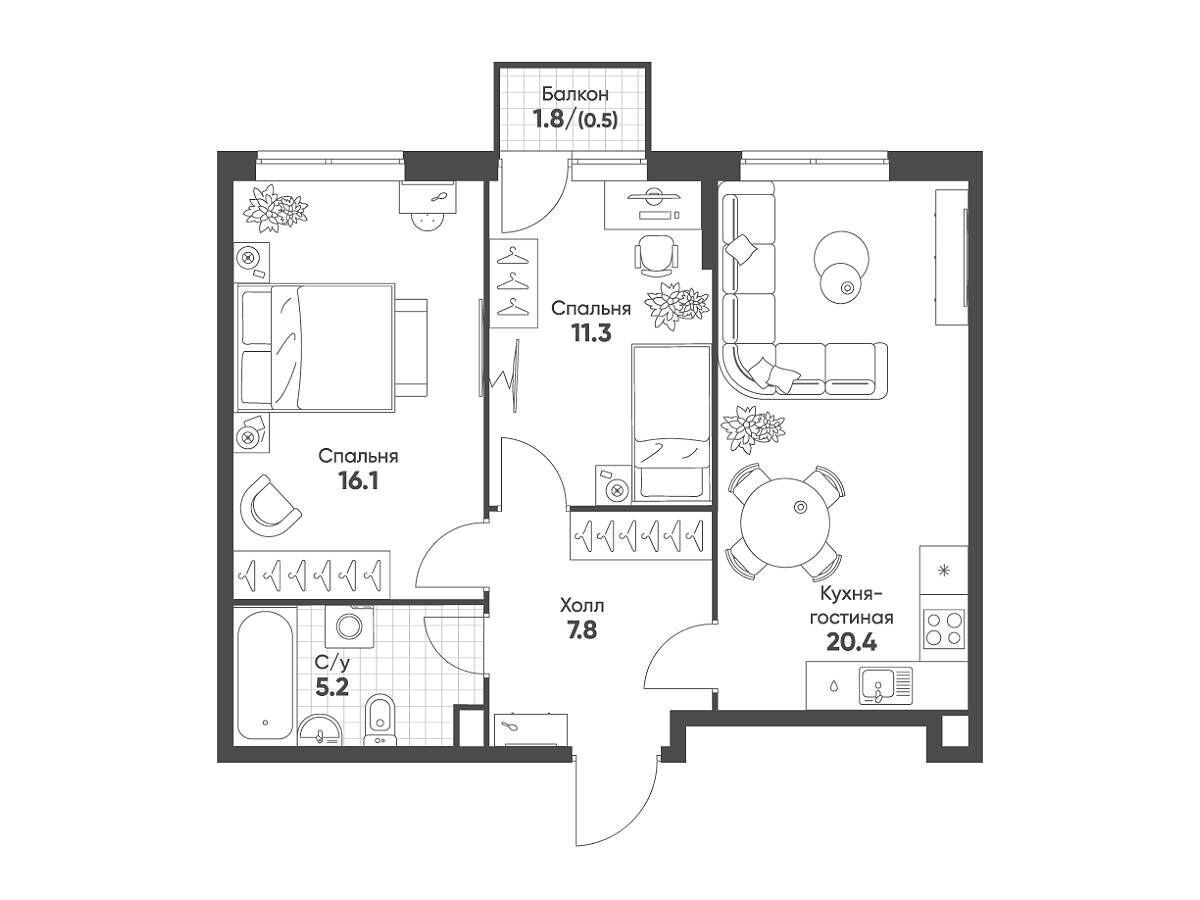 Планировка: 2-комн. квартира 61.30 м² в новостройке Соколин парк