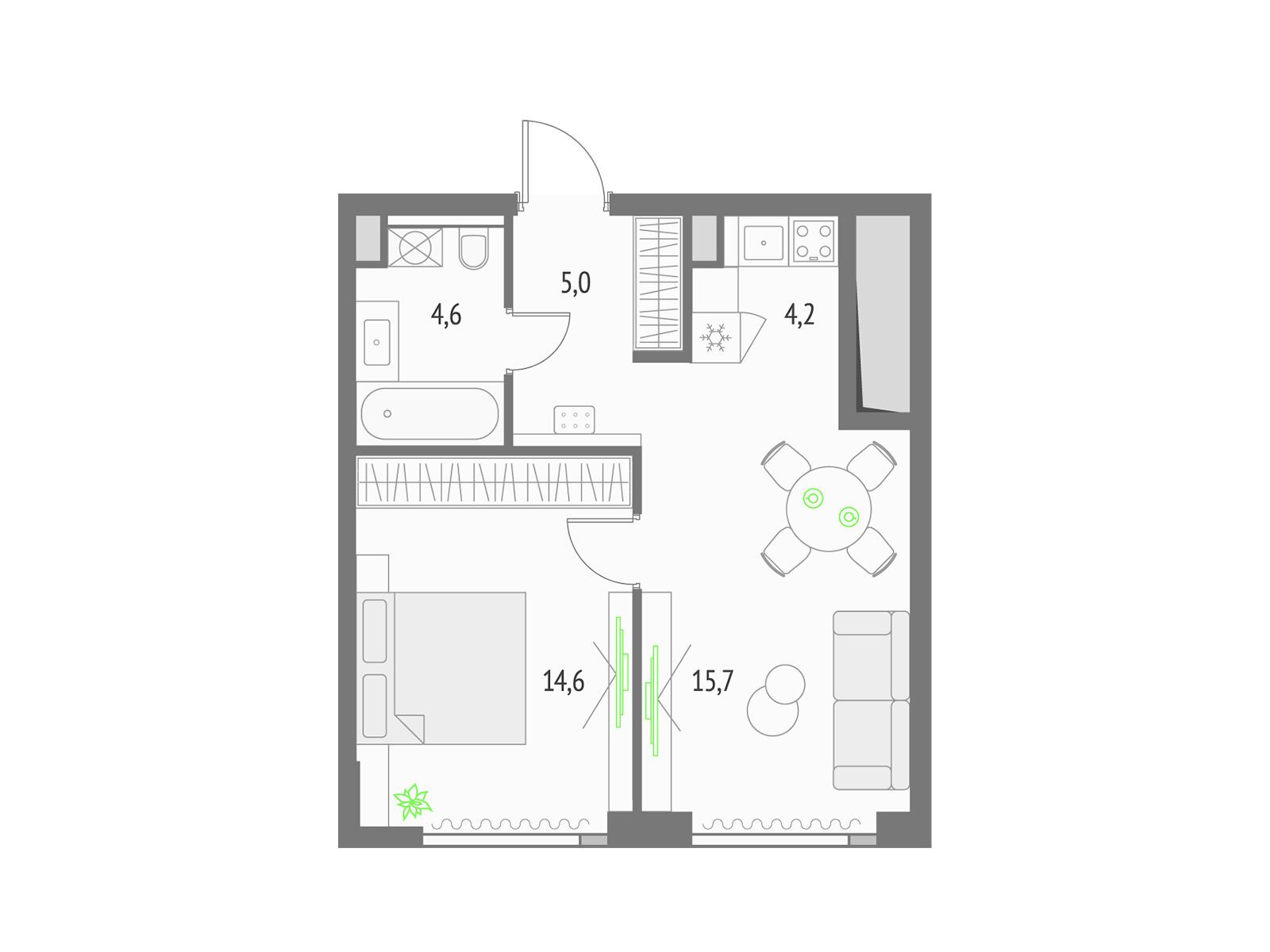 Планировка: 1-комн. квартира 44.10 м² в новостройке Апсайд Тауерс