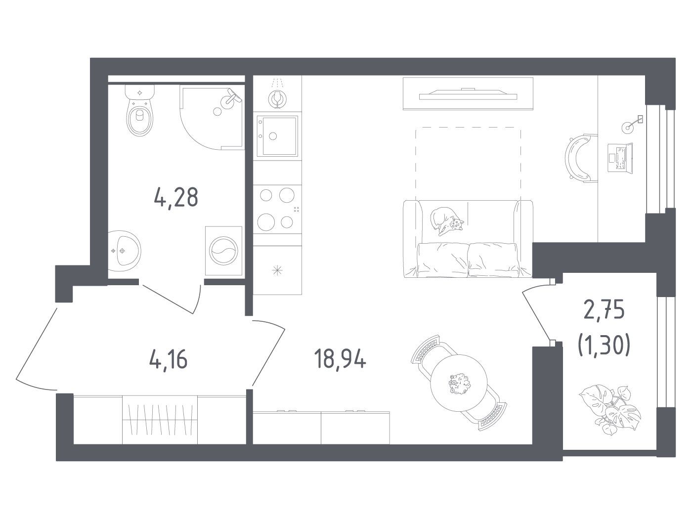 Планировка: Студия 28.68 м² в новостройке Южная Нева