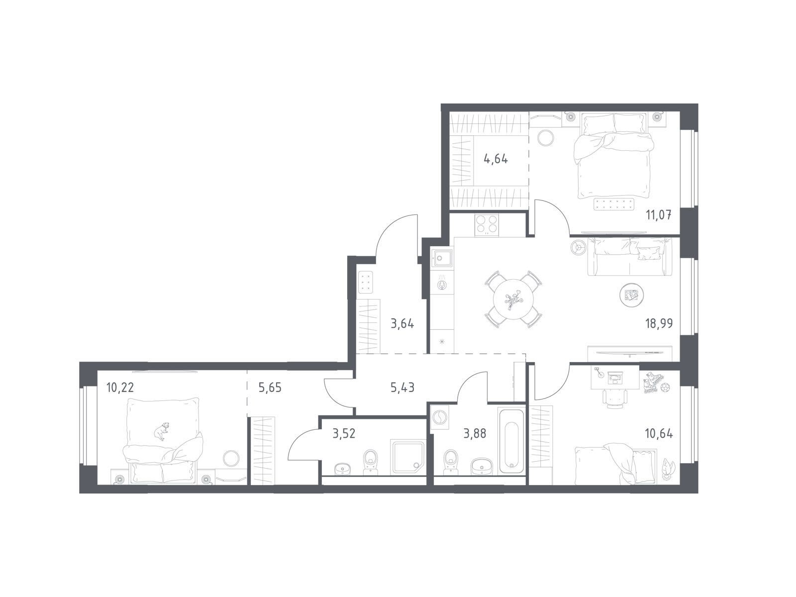 Планировка: 3-комн. квартира 77.68 м² в новостройке Большое Юрлово