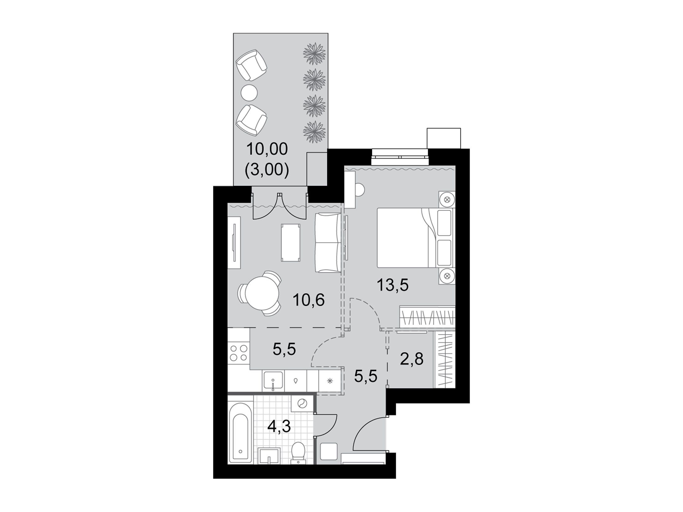 Планировка: 2-комн. квартира 45.20 м² в новостройке Дубровицы клаб