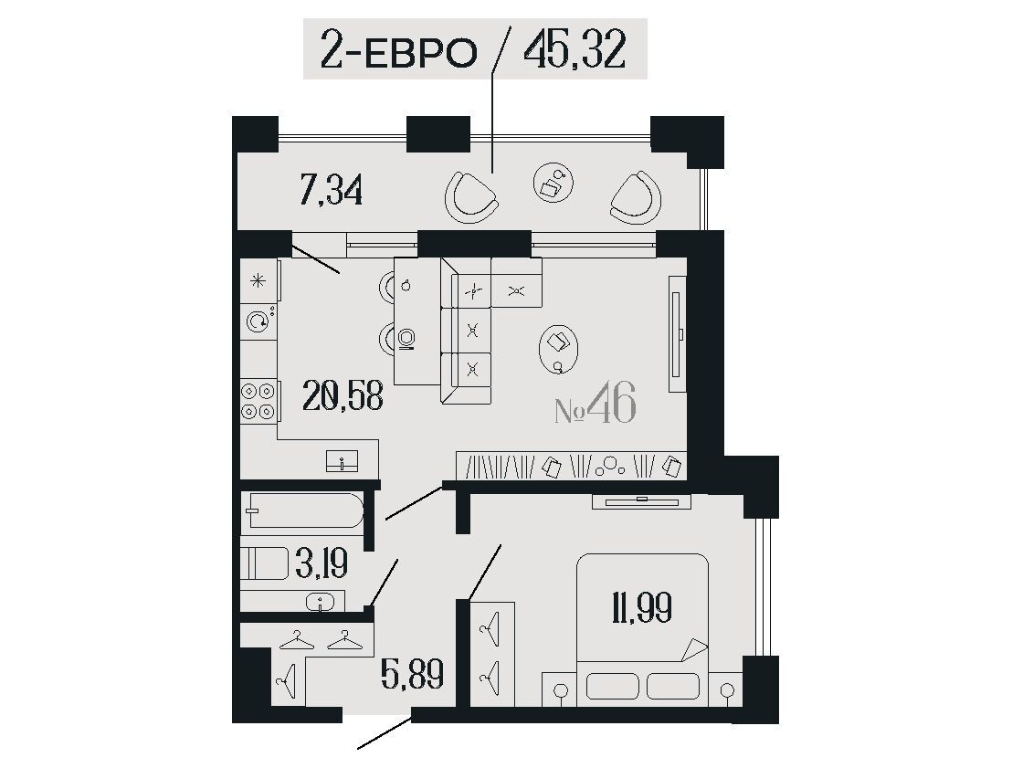 Планировка: 1-комн. квартира 45.32 м² в новостройке Дом 1919