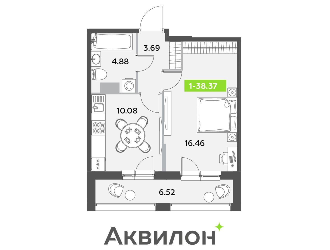 Планировка: 1-комн. квартира 39.80 м² в новостройке Аквилон Лив