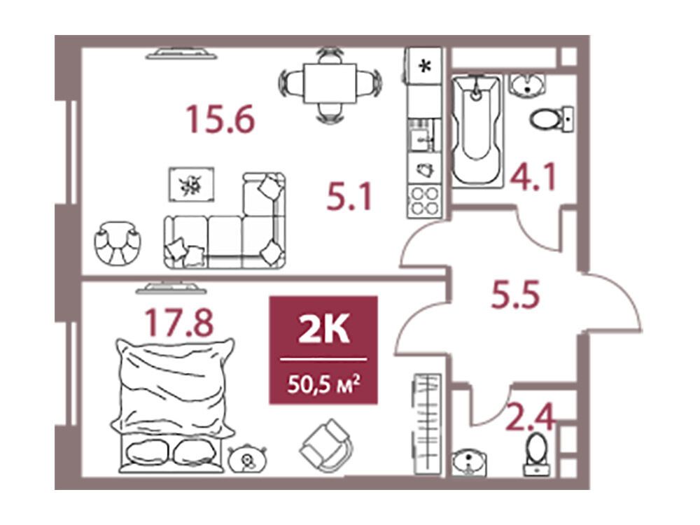 Планировка: 2-комн. квартира 50.50 м² в новостройке ЖК Легаси