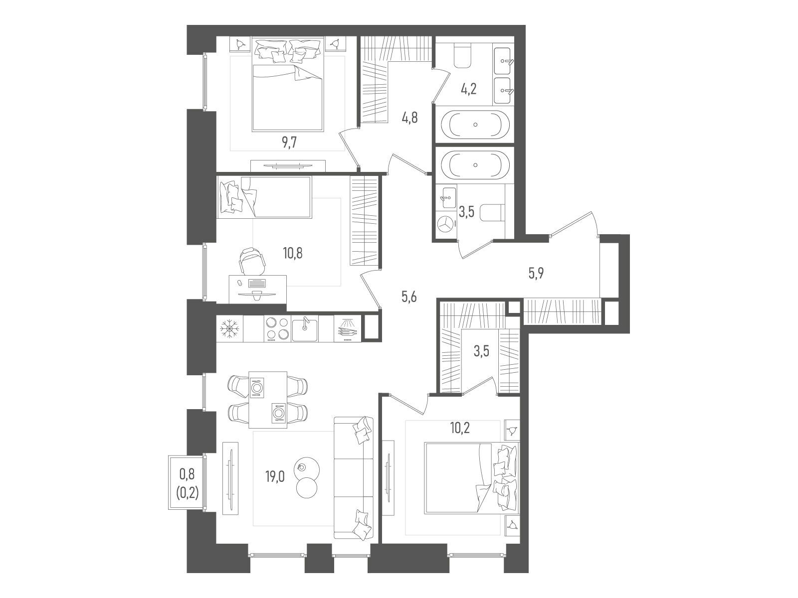 Планировка: 3-комн. квартира 77.40 м² в новостройке Пейв