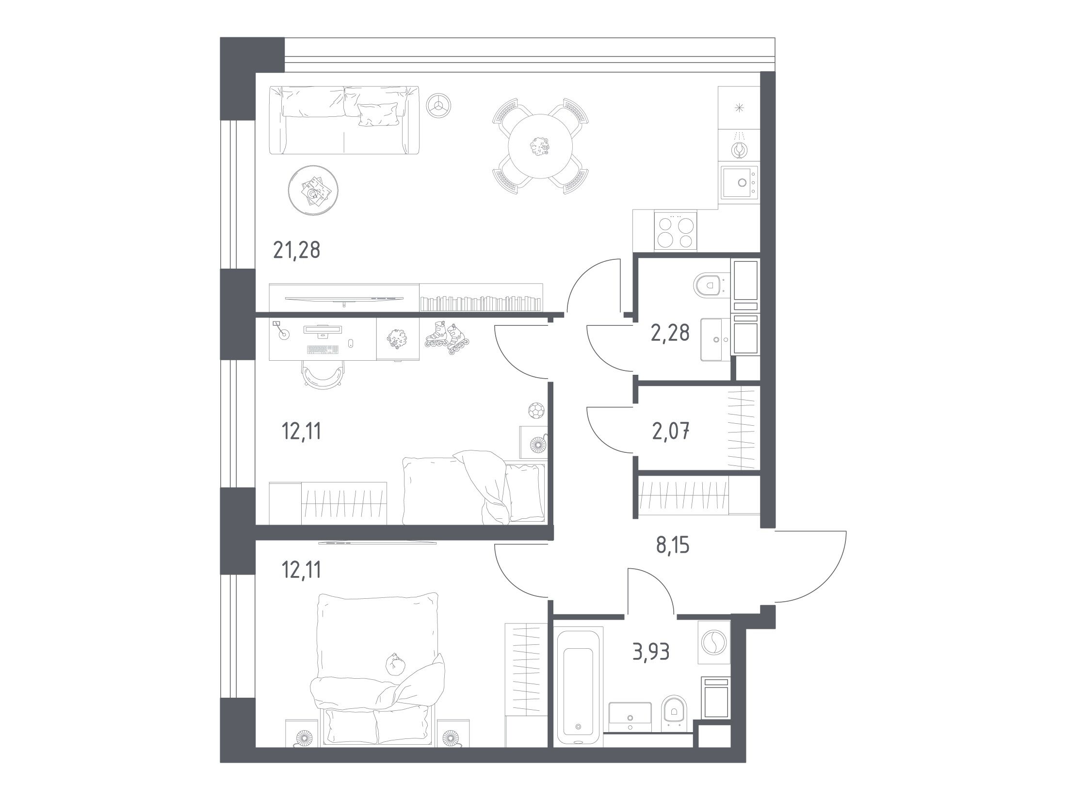 Планировка: 2-комн. квартира 60.90 м² в новостройке Октябрьская 98