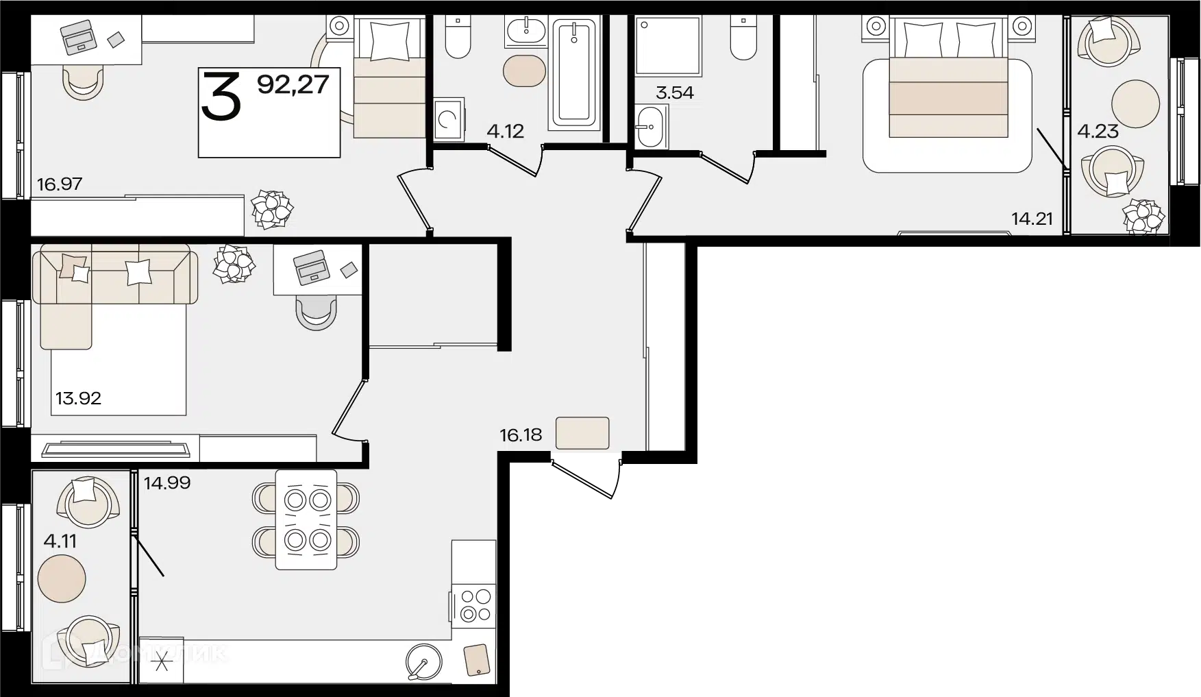 Планировка: 3-комн. квартира 92.27 м² в новостройке Патрики