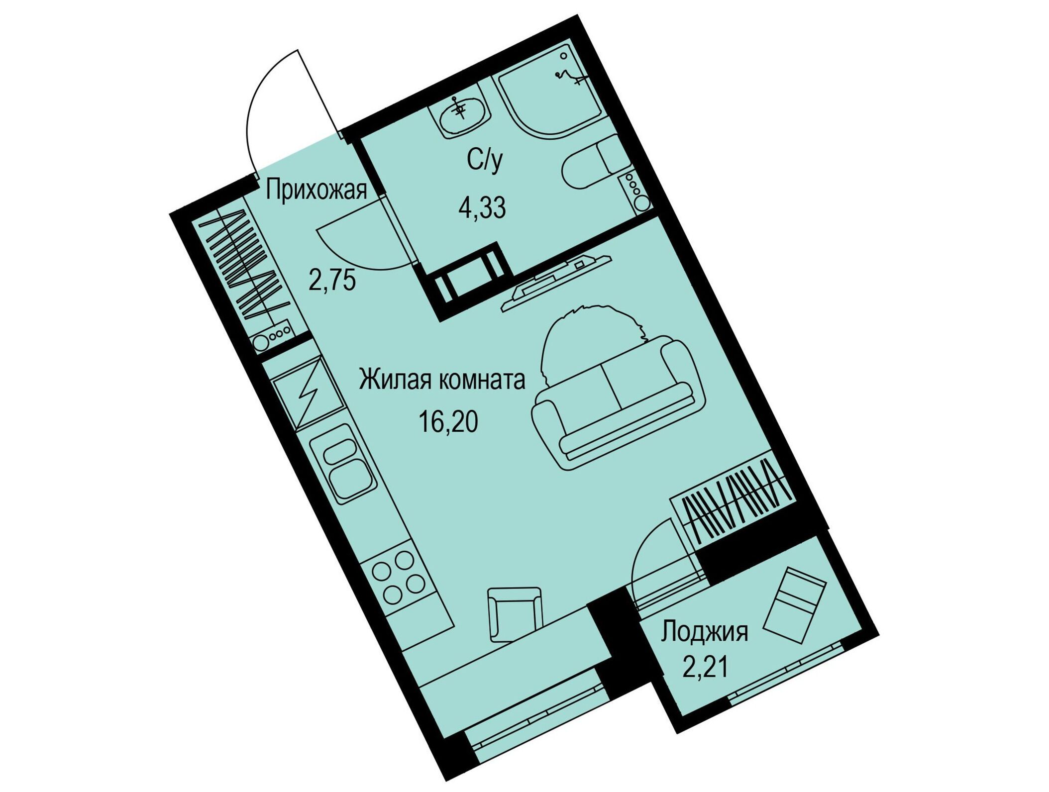 Планировка: Студия 24.38 м² в новостройке Айди Кудрово 2