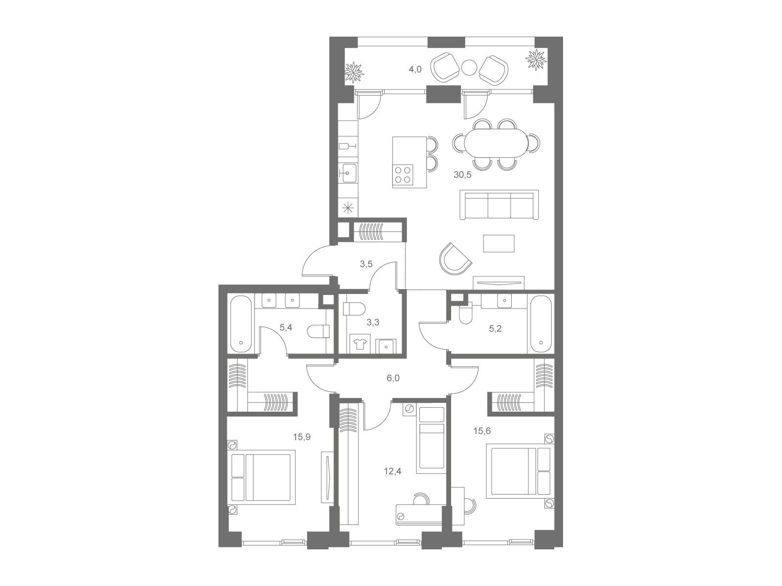 Планировка: 3-комн. квартира 106.90 м² в новостройке Соул