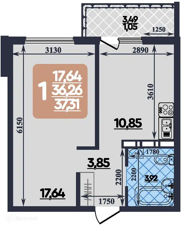 Планировка: 1-комн. квартира 37.31 м² в новостройке Ленинградский квартал