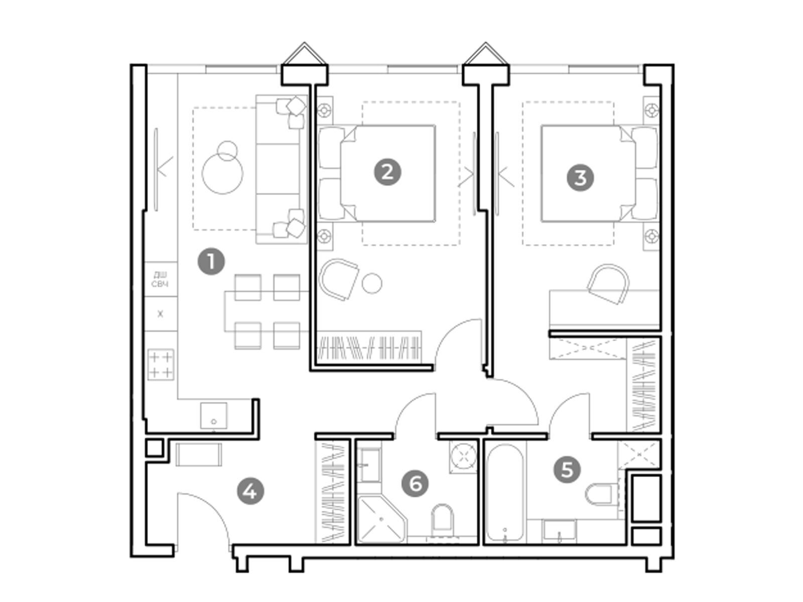 Планировка: 3-комн. квартира 70.40 м² в новостройке Наметкин Тауэр