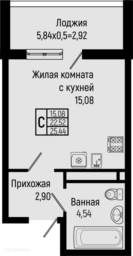 Планировка: Студия 25.44 м² в новостройке Сан Хиллс Ольгинка 2