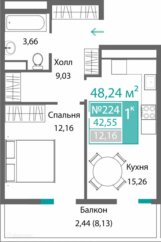 Планировка: 1-комн. квартира 42.55 м² в новостройке ЖК Абрикос-2