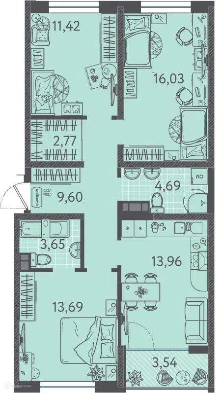 Планировка: 3-комн. квартира 76.90 м² в новостройке Друзья