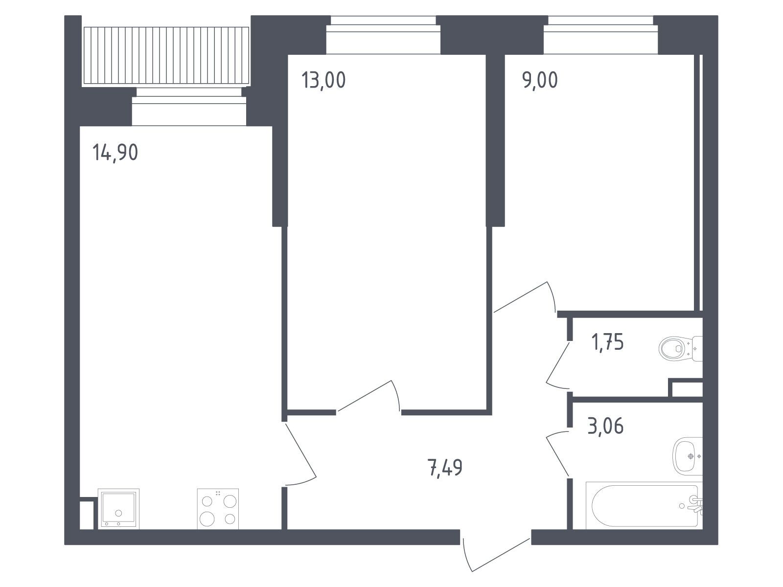 Планировка: 2-комн. квартира 49.20 м² в новостройке Живи! В Рыбацком