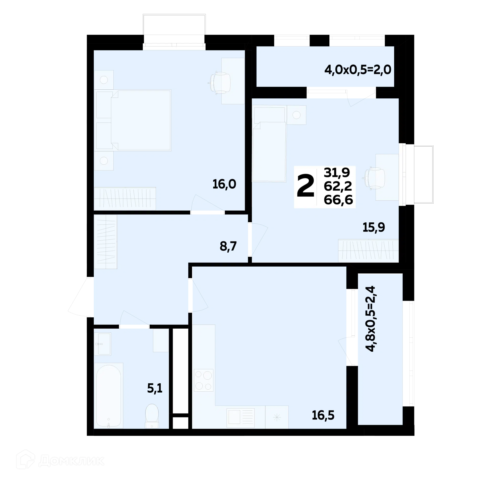 Планировка: 2-комн. квартира 66.60 м² в новостройке ЖК МегаСити