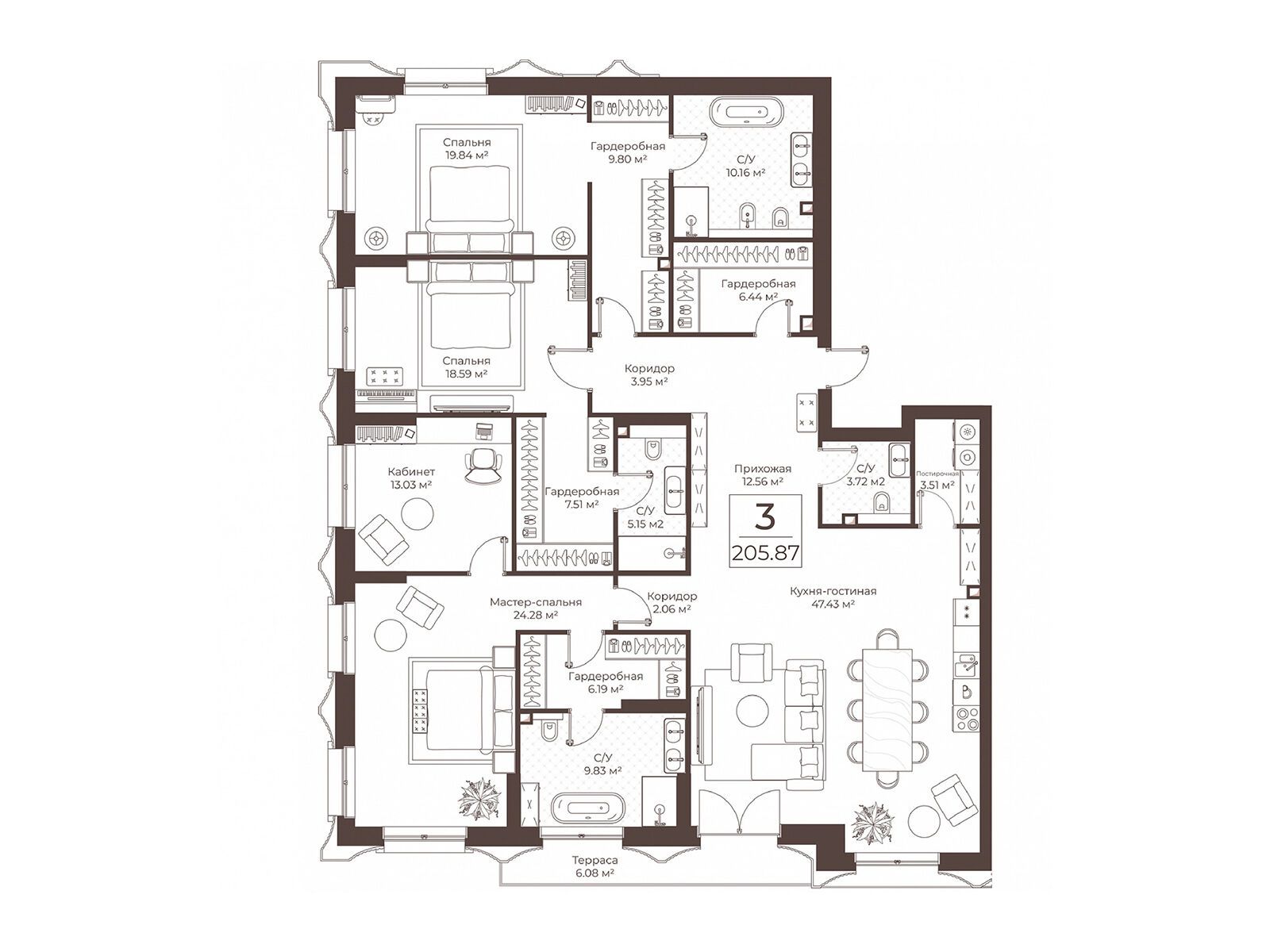 Планировка: 3-комн. квартира 205.87 м² в новостройке Воронцовъ
