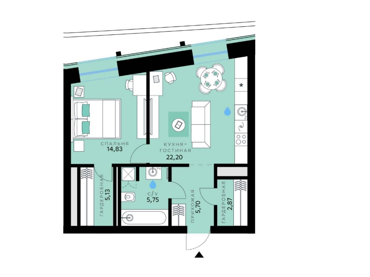 Планировка: 1-комн. квартира 56.48 м² в новостройке СберСити