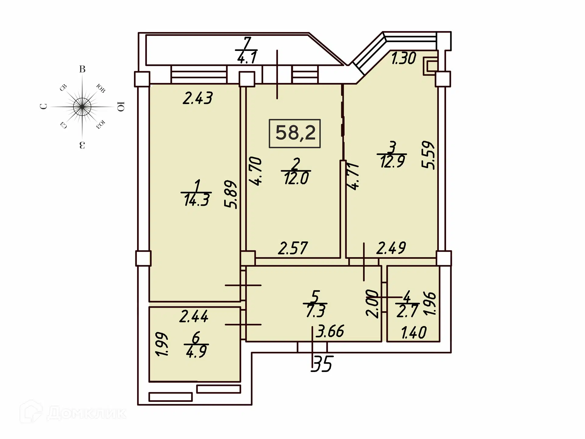 Планировка: 2-комн. квартира 58.20 м² в новостройке Кленовая роща
