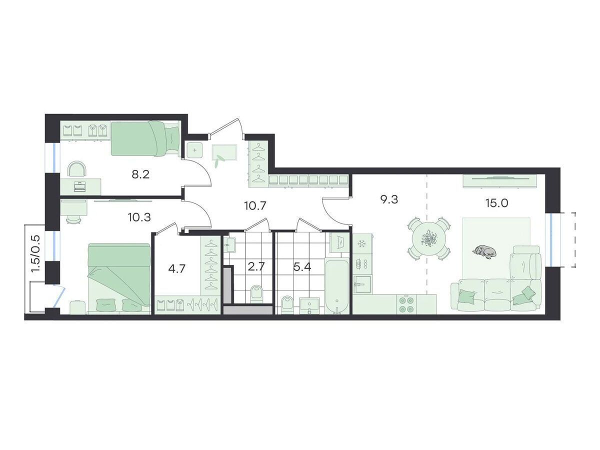 Планировка: 3-комн. квартира 68.10 м² в новостройке Джи Три Театральный