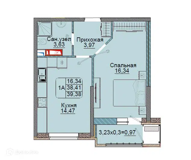 Планировка: 1-комн. квартира 39.38 м² в новостройке Репин-Парк