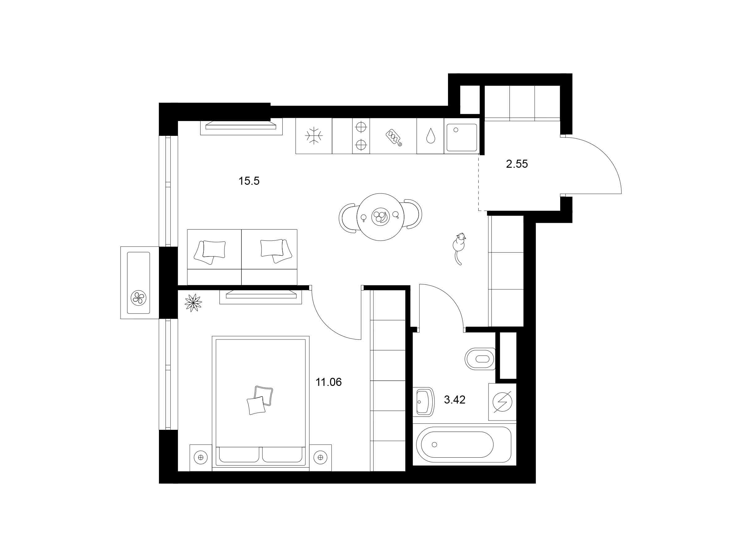 Планировка: 1-комн. квартира 32.53 м² в новостройке Квартал Мит
