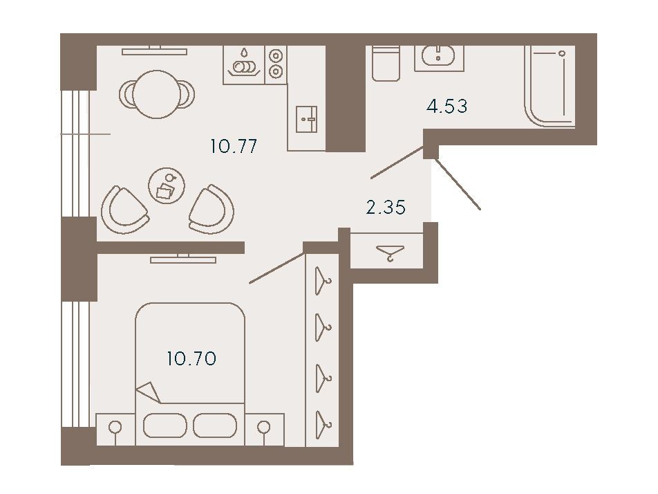Планировка: 1-комн. квартира 28.35 м² в новостройке 17/33 Петровский остров