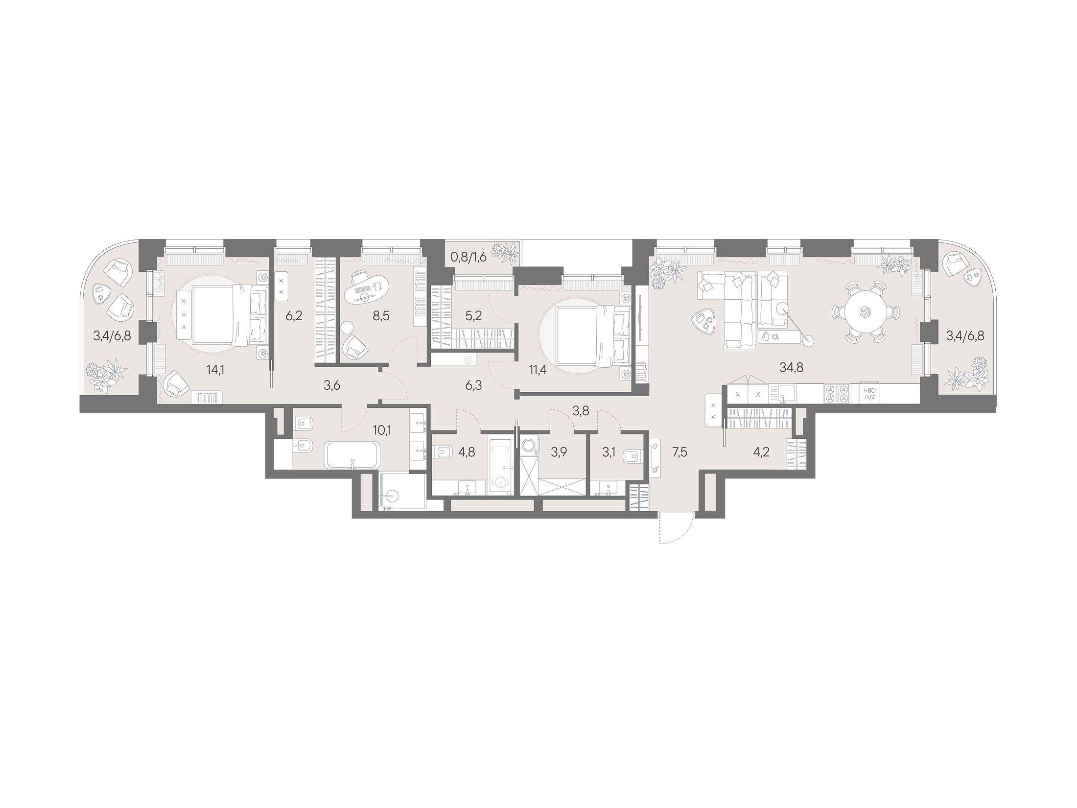 Планировка: 3-комн. квартира 135.10 м² в новостройке Родина Парк