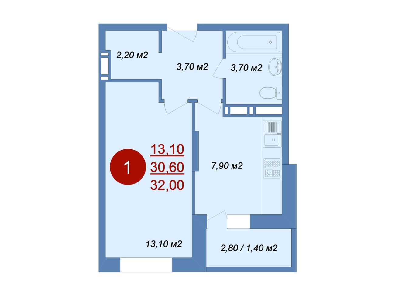 Планировка: 1-комн. квартира 32.00 м² в новостройке Новые Островцы