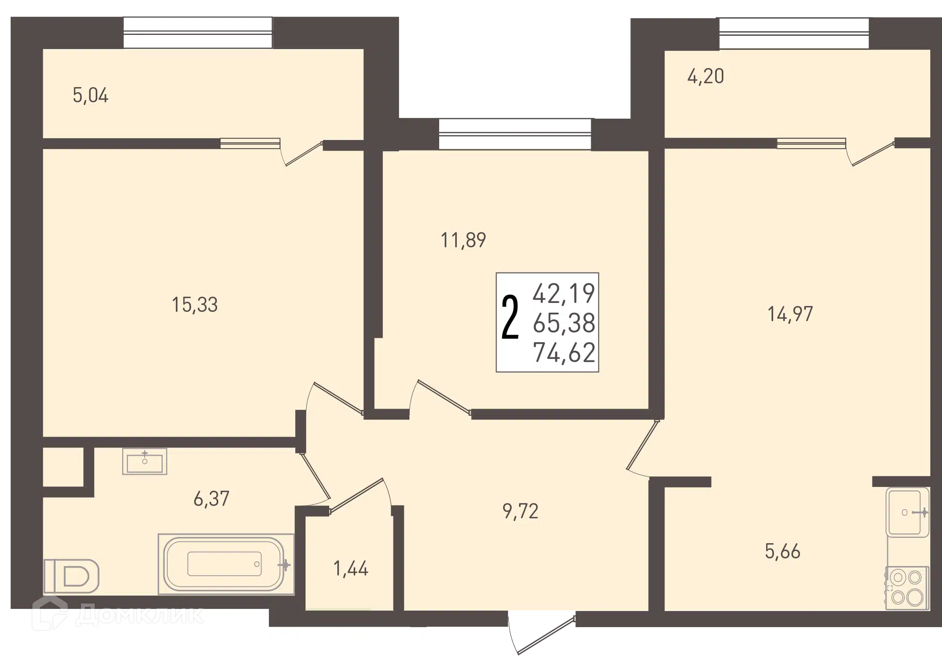 Планировка: 2-комн. квартира 74.62 м² в новостройке Югге