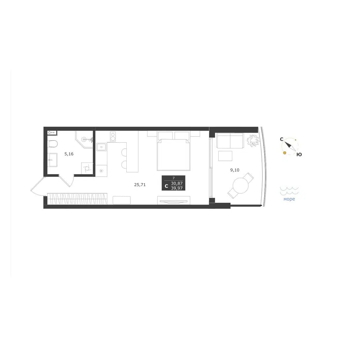 Планировка: Студия 39.97 м² в новостройке Апарт-комплекс Паруса мечты