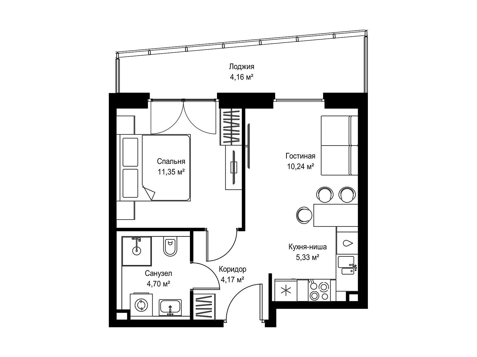 Планировка: 1-комн. квартира 39.95 м² в новостройке Селигер Сити