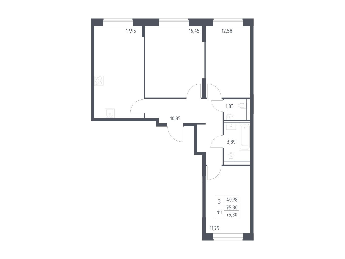 Планировка: 3-комн. квартира 75.30 м² в новостройке Квартал Домашний