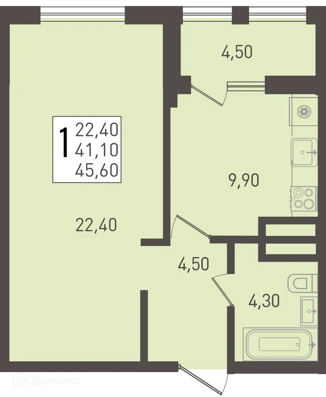 Планировка: 1-комн. квартира 45.60 м² в новостройке Югге