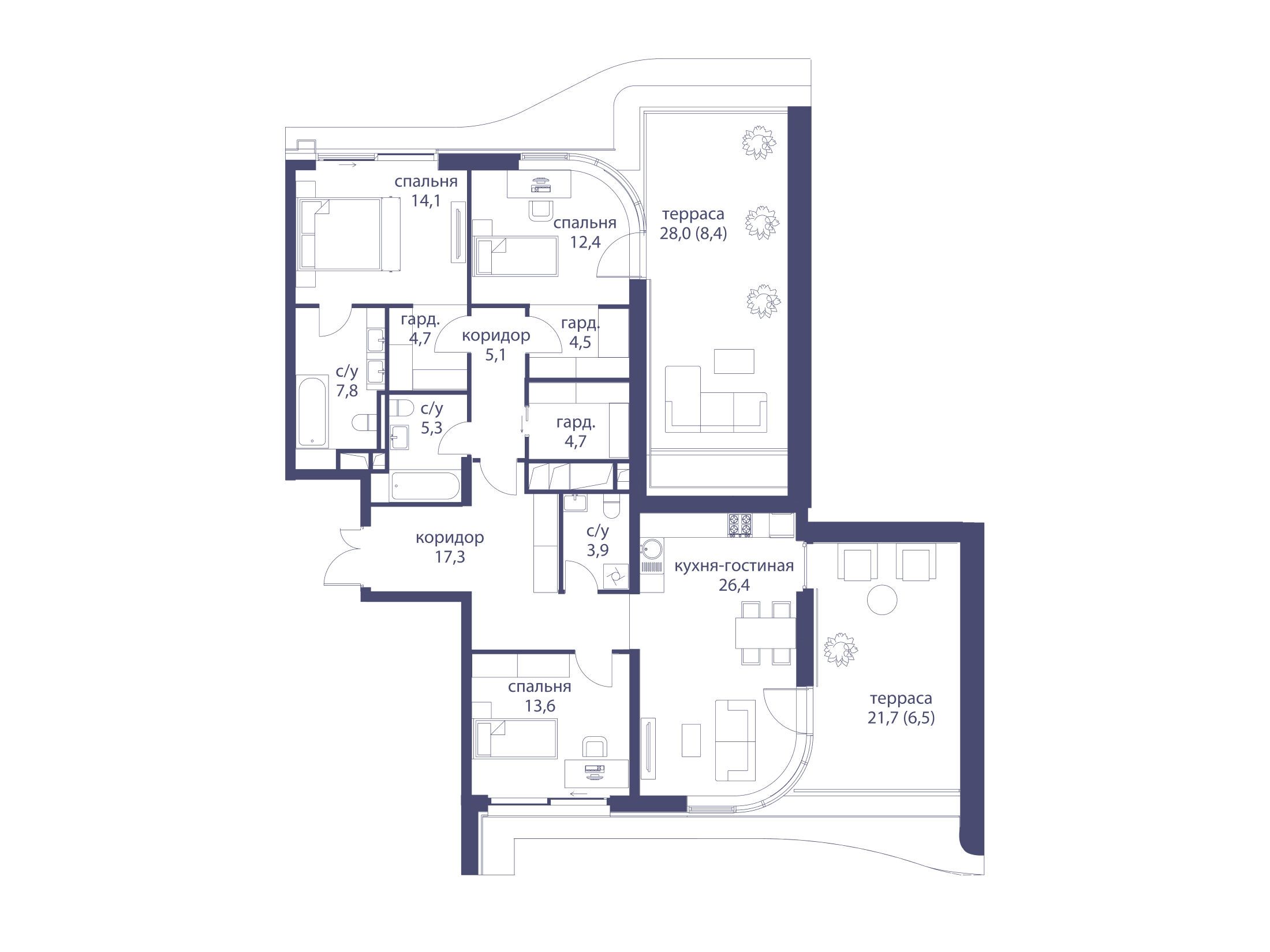 Планировка: 3-комн. квартира 134.70 м² в новостройке Река