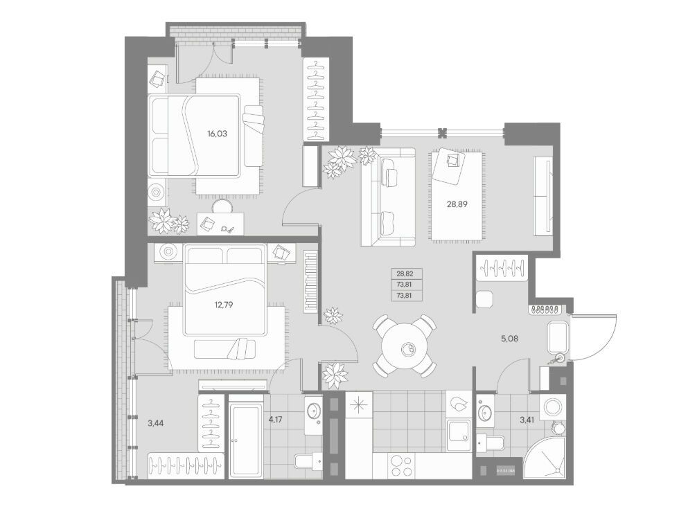 Планировка: 2-комн. квартира 73.81 м² в новостройке Авант