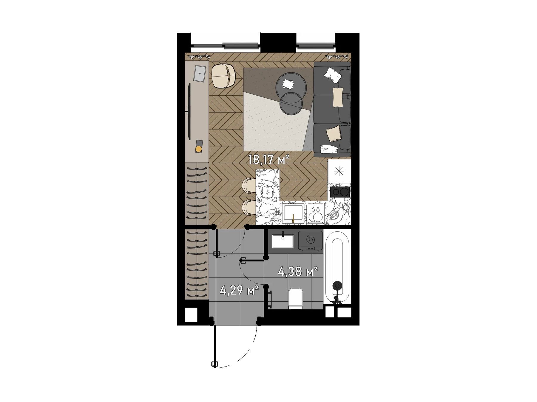 Планировка: Студия 27.10 м² в новостройке Зорге 9