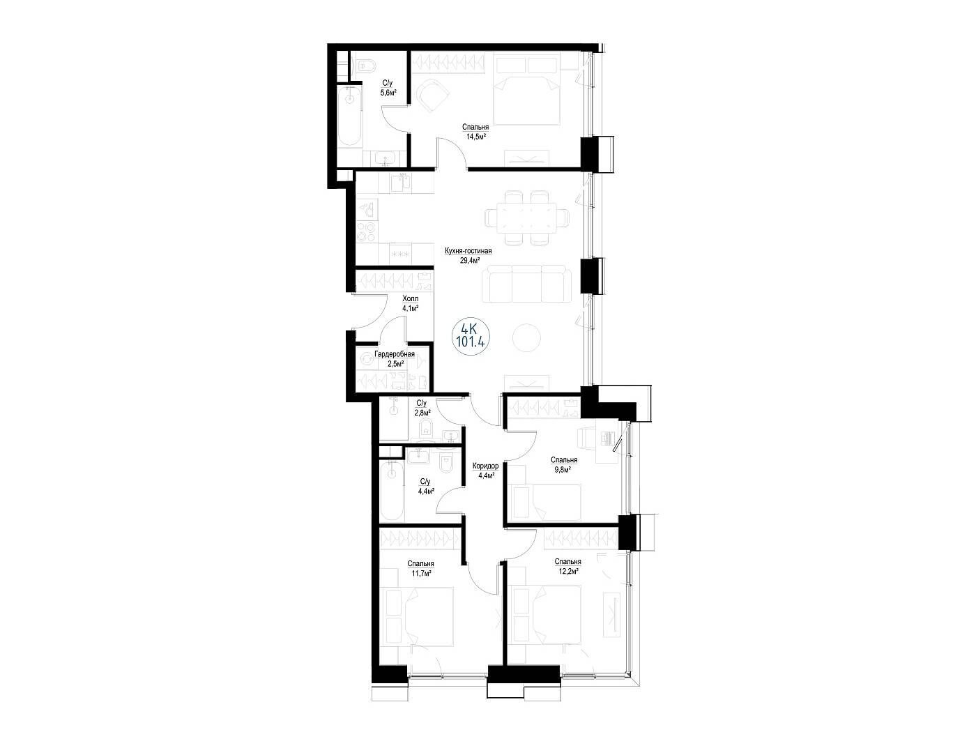 Планировка: 4-комн. квартира 101.30 м² в новостройке Метрополия