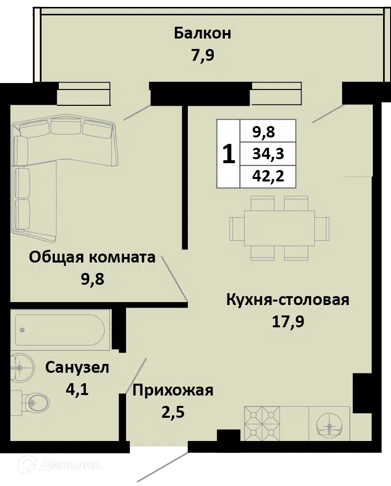 Планировка: 1-комн. квартира 40.67 м² в новостройке Южные Соседи