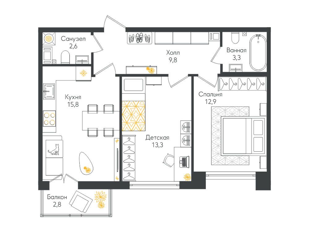 Планировка: 2-комн. квартира 58.60 м² в новостройке ЖК Кронунг Юг