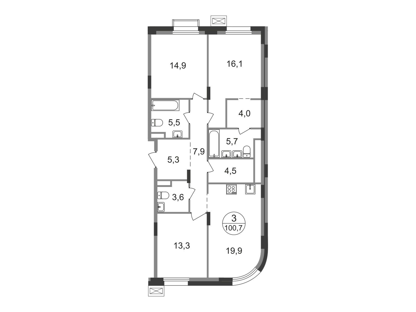 Планировка: 3-комн. квартира 100.70 м² в новостройке Резиденции Сколково