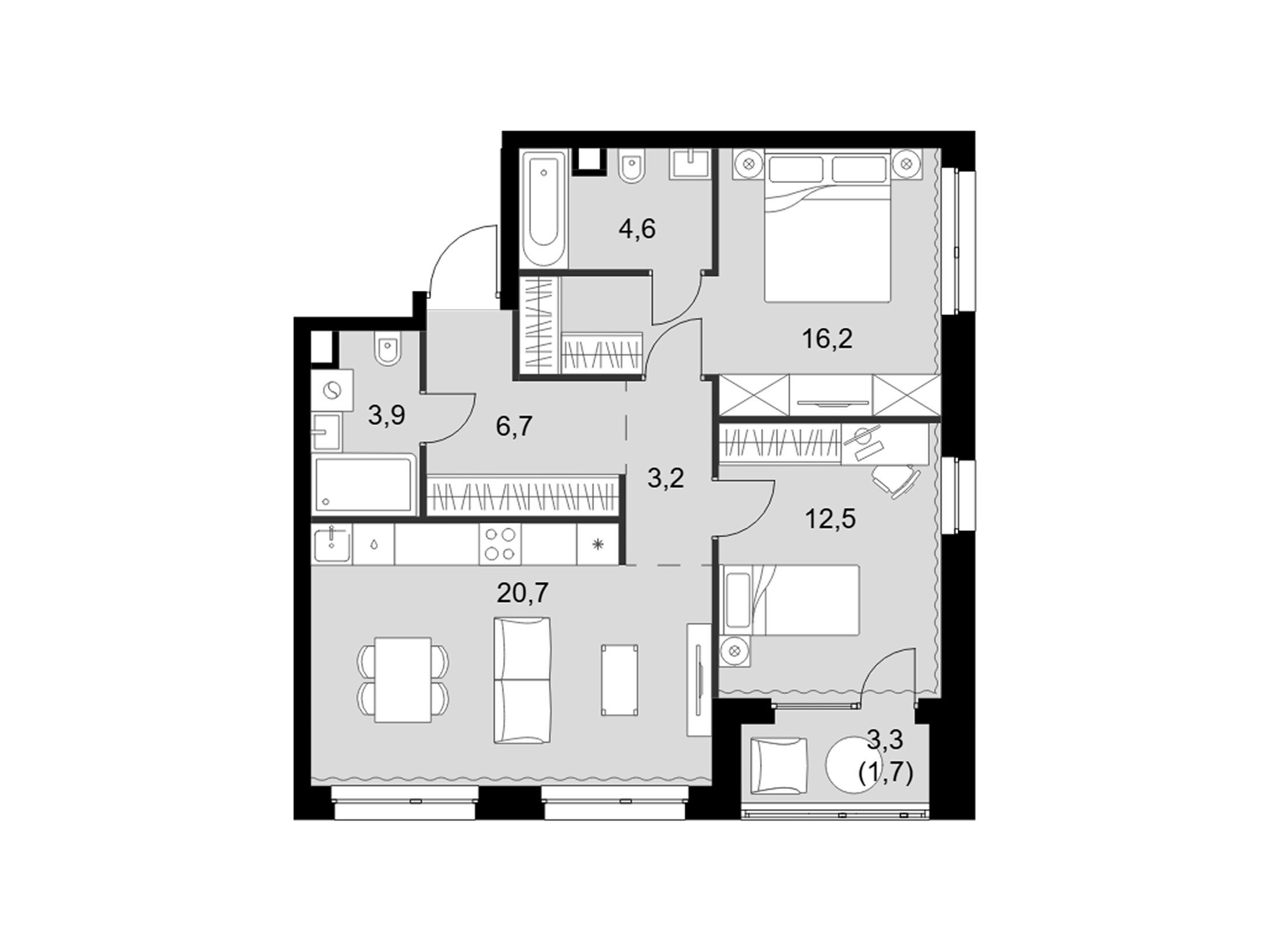 Планировка: 3-комн. квартира 69.40 м² в новостройке ЖК Симоновский вал