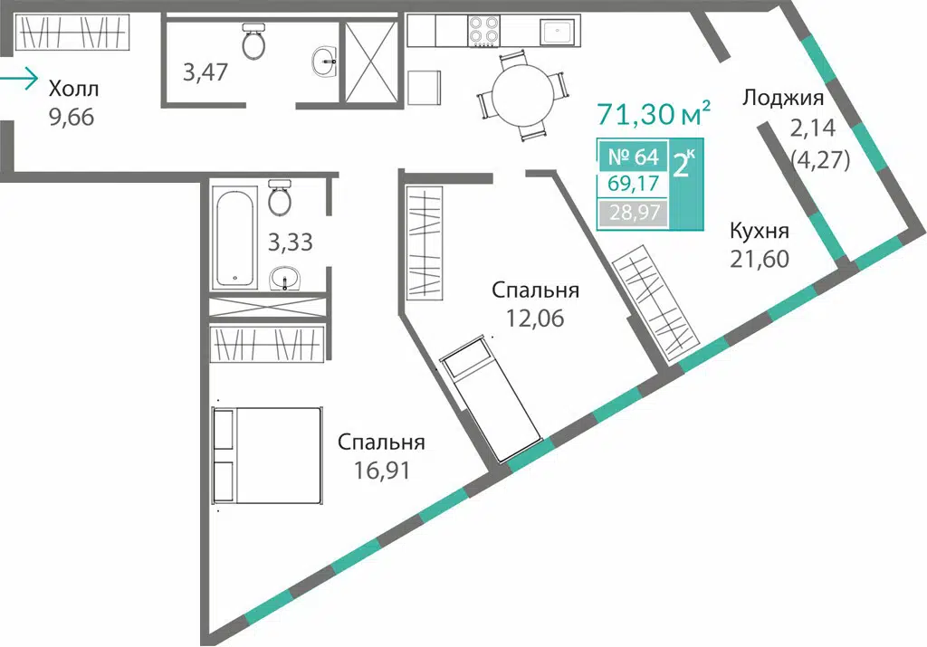 Планировка: 2-комн. квартира 69.17 м² в новостройке Благо