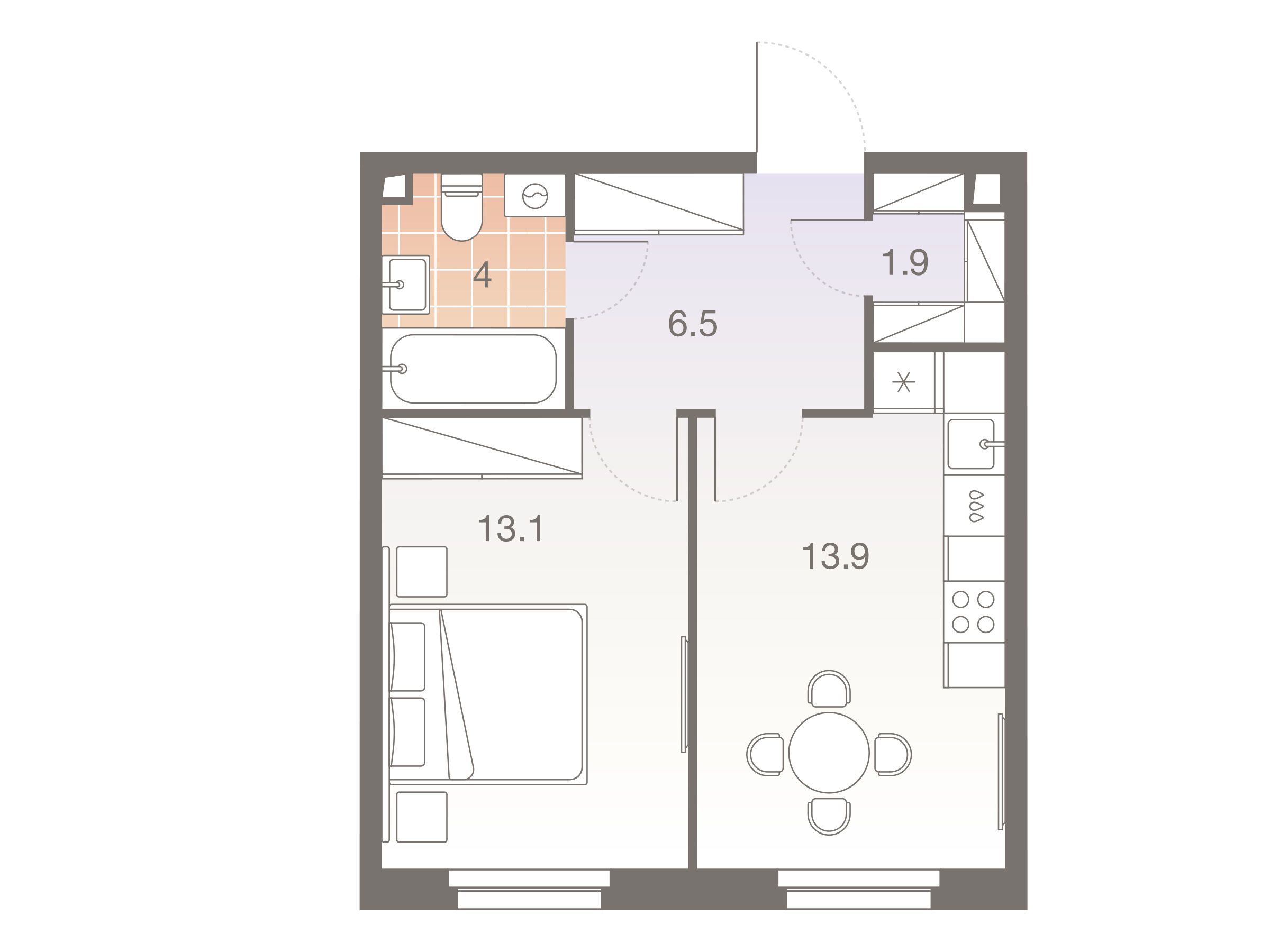 Планировка: 1-комн. квартира 39.70 м² в новостройке ЖК Твелв
