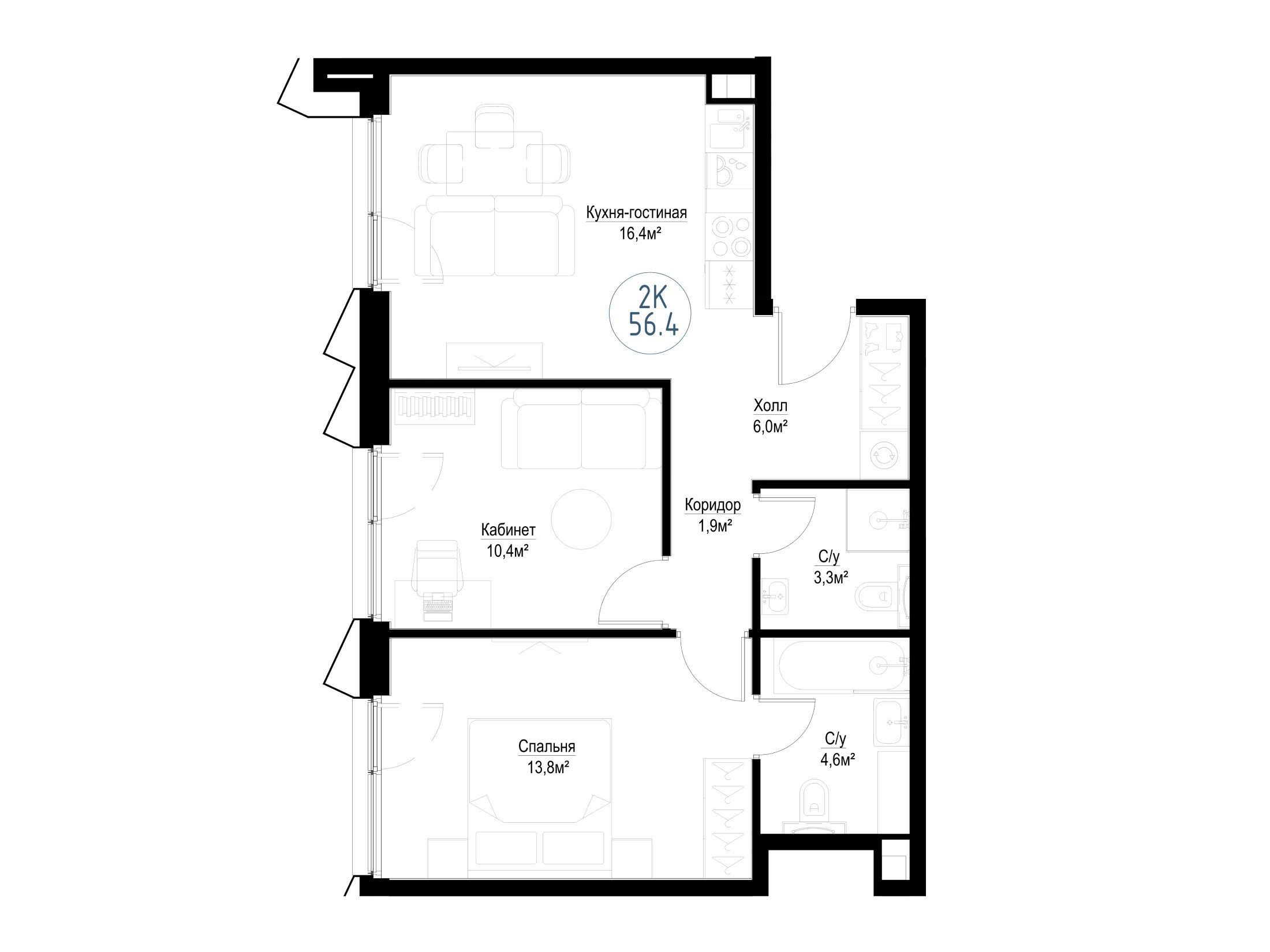 Планировка: 2-комн. квартира 55.70 м² в новостройке Метрополия
