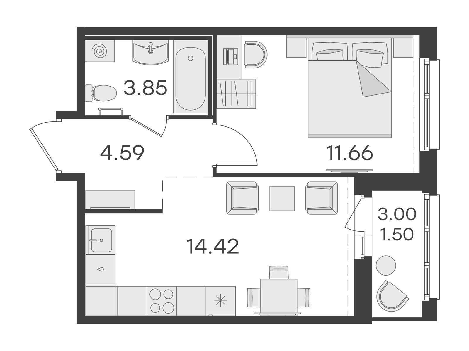 Планировка: 1-комн. квартира 35.80 м² в новостройке Глоракс Парголово