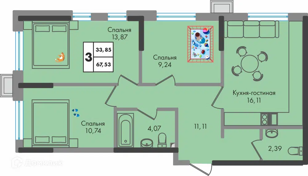 Планировка: 3-комн. квартира 67.50 м² в новостройке Зелёная территория