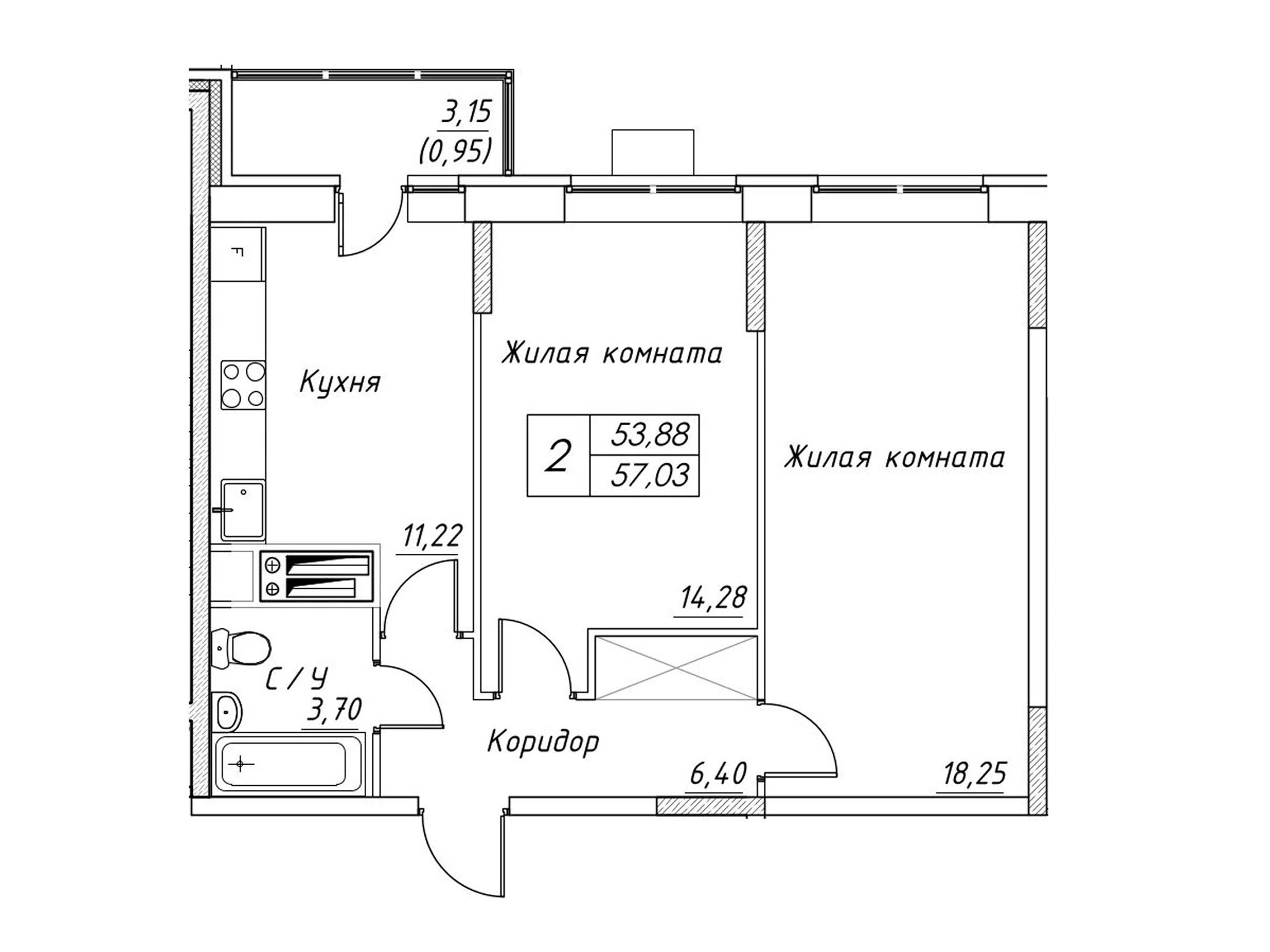 Планировка: 2-комн. квартира 57.03 м² в новостройке Большевик (Дмитров)